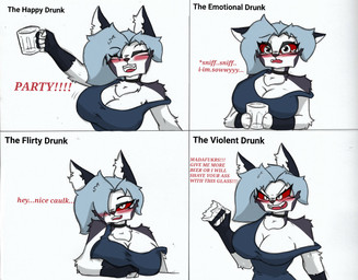 anthro big_breasts blush breasts cleavage clothed clothing dialogue drunk female solo substance_intoxication text pace-maker hellaverse helluva_boss mythology loona_(helluva_boss) canid canid_demon canine demon hellhound mammal mythological_canine mythological_creature comic english_text hi_res
