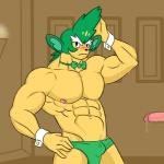 5_fingers abs anthro anthrofied biceps big_ears biped black_eyes black_nose blush bodily_fluids bow_(feature) bow_tie bulge clothed clothing disembodied_penis duo erection eyebrows fingers front_view frown fur genital_fluids genitals green_body green_fur green_hair hair hand_on_hip humanoid_genitalia humanoid_hands humanoid_penis inside long_hair looking_away male muscular muscular_male navel nipples pecs penis pink_nipples pink_penis plant pokemorph pompadour precum raised_arm shirt_cuffs shy skimpy solo_focus standing tan_body tan_skin thick_eyebrows thong topless underwear buffurun nintendo pokemon elemental_creature flora_fauna generation_5_pokemon mammal pokemon_(species) primate simisage 1:1 2012 censored digital_drawing_(artwork) digital_media_(artwork) half-length_portrait mosaic_censorship portrait