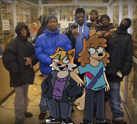 anthro arm_on_shoulder balaclava beanie big_tail black_beanie black_clothing black_hat black_headwear black_sweater black_topwear blonde_hair blue_clothing blue_sweater blue_topwear bottomwear clothing dark_body dark_skin denim denim_bottomwear denim_clothing female footwear gang gang_sign group hair hand_in_pocket hat headgear headwear jacket jeans long_hair looking_at_another male mask open_mouth pants photo_background pockets posing_for_picture shadow shirt shoes sweater tail topwear 404piano freoncat third-party_edit normalsville harrod_(normalsville) zoey_(normalsville) canid canine canis domestic_dog fox human mammal poodle true_fox mixed_media photography_(artwork)