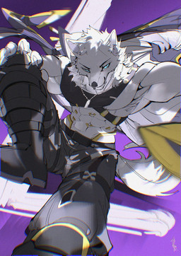 abs anthro biped black_bottomwear black_clothing black_eyebrows black_footwear black_pants black_shoes blue_eyes bottomwear claws closed_smile clothing dog_tags eyebrows finger_claws fingerpads footwear foreshortening front_view gloves hair hand_on_knee hand_on_leg hand_on_own_knee hand_on_own_leg handwear holding_clothing holding_object jewelry looking_at_viewer male mouth_closed muscular muscular_anthro muscular_male necklace pants pawpads plantigrade pupils purple_background shoes simple_background slit_pupils smile smiling_at_viewer snout solo tail thin_eyebrows white_hair white_sclera chiayeeee canid mammal 2026 chromatic_aberration digital_drawing_(artwork) digital_media_(artwork) full-length_portrait hi_res portrait signature