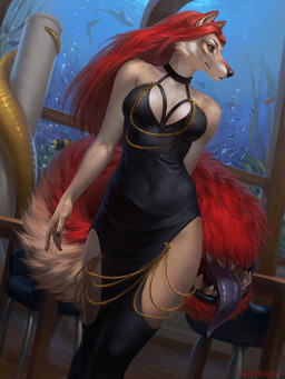 anthro ballroom breasts bubble chain chair cleavage cleavage_cutout clothed clothing cutout dress female furniture gown kelp pillar solo table tail tail_mouth teeth teeth_showing tongue tongue_out underwater underwater_scenery unusual_anatomy unusual_tail water wide_hips ariesredlo legend_of_ahya ahya_(legend_of_ahya) taylor_renee_wolford_(darkflamewolf) aquatic canid canine canis fish mammal marine_mammal wolf 3:4 hi_res