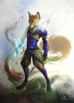 4_toes 5_fingers anthro armor barefoot biped black_body black_fur black_nose claws clothed clothing energy feet fingers fur glowing leaf looking_at_viewer magic male orange_body orange_fur solo standing tattoo toes warrior yellow_eyes alectorfencer canid canine fox mammal 2013