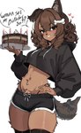 accessory anthro birthday_cake blush breasts cake candle clothed clothing cropped_hoodie cropped_topwear dessert dialogue dolphin_shorts female female_anthro food fur furgonomics g-string hair hair_accessory hand_on_hip heart_symbol hoodie kemono legwear looking_at_viewer midriff smile smiling_at_viewer solo speech_bubble tail tail_accessory talking_to_viewer text thigh_highs topwear underwear puppyypawss puppy_(puppyypawss) canid canine canis domestic_dog mammal 2023 digital_media_(artwork) digital_painting_(artwork) english_text hi_res portrait three-quarter_portrait