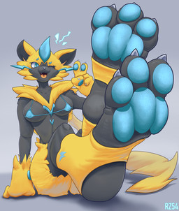 3_toes anthro barefoot black_body black_fur blue_eyes blue_pawpads bra breasts butt butt_from_the_front claws clothed clothing crossed_legs feet female foot_focus footwear fur gesture grey_body grey_fur hair hand_gesture humanoid_feet looking_at_viewer medium_breasts multicolored_body multicolored_fur multicolored_hair one_eye_closed open_mouth open_smile pawpads paws plantigrade sitting skimpy smile socks soles solo stirrup_socks teasing toe_claws toes underwear v_sign white_claws wink wrinkles yellow_body yellow_fur rz54 nintendo pokemon felid generation_7_pokemon legendary_pokemon mammal pokemon_(species) zeraora absurd_res hi_res