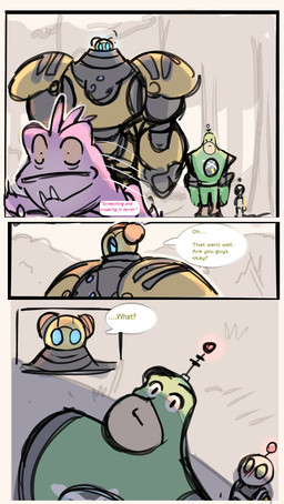 ambiguous_gender blue_eyes blush dialogue female feral forest green_eyes grey_body group larger_female machine male outside plant size_difference smaller_male text tree yellow_body time_fluffy500 ratchet_and_clank sony_corporation sony_interactive_entertainment captain_qwark clank_(ratchet_and_clank) kit_(ratchet_and_clank) alien amphibian frog humanoid mammal robot absurd_res comic english_text hi_res