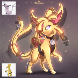 ambiguous_gender antennae_(anatomy) fangs feral forehead_gem gem golden_body grey_body group one_eye_obstructed paws purple_eyes raised_leg simple_background size_difference tail teeth text trio yellow_eyes leoiruga nintendo pokemon eeveelution espeon generation_2_pokemon generation_9_pokemon gholdengo gimmighoul gimmighoul_(roaming_form) humanoid hybrid pokemon_(species) 1:1 2026 english_text hi_res