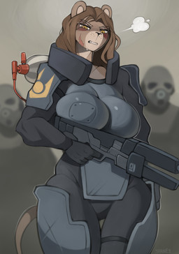 anthro anthro_focus big_breasts biped breast_squish breasts brown_hair clothed clothing female female_focus front_view group gun hair holding_object holding_weapon long_hair ranged_weapon scar solo_focus squish standing swear trio weapon yarney half-life_2 combine felid mammal pantherine absurd_res hi_res