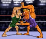 4_toes abs anthro barefoot biceps big_muscles bodily_fluids brown_body bulge clenched_teeth clothing duo duo_focus feet fight fighting_ring fingers group hair hand_holding male male/male muscular muscular_anthro muscular_male orange_body pecs plantigrade sweat teeth toes wrestler wrestling wrestling_singlet hunter-husky archie_comics sega sonic_the_hedgehog_(archie) sonic_the_hedgehog_(comics) sonic_the_hedgehog_(series) sonic_underground dingo_(sonic_underground) helmut_von_stryker canid canine canis dingo mammal 2022 digital_drawing_(artwork) digital_media_(artwork) hi_res