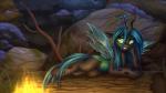 2019 absurd_res arthropod changeling detailed_background digital_media_(artwork) eyelashes female feral fire friendship_is_magic green_eyes hasbro hi_res hole_(anatomy) horn log looking_at_viewer my_little_pony outside queen_chrysalis_(mlp) setharu solo wings wood