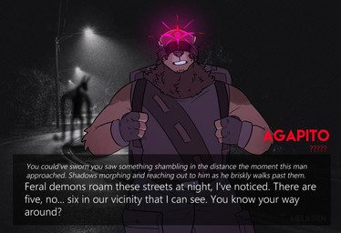 anthro backpack blindfold bottomwear brown_body brown_fur clothed clothed_anthro clothed_male clothing dialogue dialogue_box duo fingerless_gloves fully_clothed fully_clothed_anthro fully_clothed_male fur gloves handwear hat headgear headwear male male_anthro neck_tuft outside pants photo_background purple_backpack purple_bag purple_bottomwear purple_clothing purple_gloves purple_handwear purple_nose purple_pants purple_shirt purple_topwear red_text road shirt solo solo_focus street_lamp talking_to_viewer text topwear tuft white_text melaisen agapito_(melaisen) cryptid demon mammal 2023 absurd_res character_name digital_drawing_(artwork) digital_media_(artwork) english_description english_text hi_res mixed_media photography_(artwork) portrait three-quarter_portrait