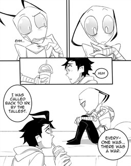 aged_up ahoge antennae_(anatomy) bald bed black_hair clothed clothing dialogue drinking duo eyewear furniture glasses hair male not_furry on_bed pak simple_background sitting sitting_on_bed speech_bubble text topwear inimoose invader_zim nickelodeon dib_membrane zim_(invader_zim) alien alien_humanoid human humanoid irken mammal comic digital_media_(artwork) english_text hi_res monochrome