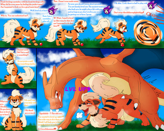 after_transformation annoyed balls black_markings black_nose blush bodily_fluids breath collar color_coded color_coded_text countershade_face countershade_fur countershade_torso countershading dialogue eyes_closed female female_feral feral feral_on_feral flying_sweatdrops front_view frown fur gameplay_mechanics gender_transformation genitals group half-closed_eyes level_up looking_pleasured male male/female markings motion_lines narrowed_eyes neck_tuft nude on_hind_legs open_mouth open_smile orange_body orange_fur outside paws pokeball pokemon_speak quadruped red_eyes scared sex side_view sitting sitting_on_ground smile standing stripes sweat sweatdrop tail text three-quarter_view tongue tongue_out transformation trio tripping tuft walking white_body white_countershading white_tail pomiart mythology nintendo pokemon max_(pomiart) canid charizard dragon generation_1_pokemon growlithe mammal mythological_creature mythological_scalie pokemon_(species) scalie 2024 colored comic english_text hi_res shaded