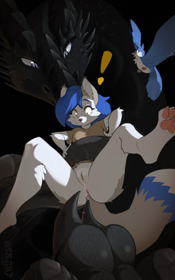 ambiguous_feral ambiguous_gender anthro anus biped bottomless butt claws clothed clothed_anthro clothed_female clothing extreme_size_difference feathers feet female female_anthro feral fingers fur genitals group hair horn larger_feral size_difference smaller_anthro smaller_female smile tail toes trio vulva wings askart mythology gabriel_serealia avian bird dragon enfield mythological_creature mythological_scalie scalie 2026 5:8 absurd_res digital_drawing_(artwork) digital_media_(artwork) hi_res male_(lore)
