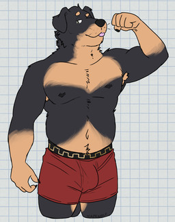 5_fingers anthro armpit_hair black_body black_claws black_ears black_fur black_nipples black_nose blep body_hair boxers_(clothing) bulge checkered checkered_background claws clothed clothing eyebrows fingers fist flexing floppy_ears fur grey_eyes looking_down male navel nipples partially_clothed partially_clothed_anthro partially_clothed_male pattern_background pink_tongue raised_arm raised_eyebrow red_clothing red_underwear simple_background slightly_chubby solo standing tan_body tan_eyebrows tan_fur tongue tongue_out topless topless_anthro topless_male underwear underwear_only whiskers white_background white_sclera unsafescapewolf echo_project glory_hounds raoul_brevard canid canine canis domestic_dog mammal mastiff molosser rottweiler 2025 digital_drawing_(artwork) digital_media_(artwork) hi_res portrait three-quarter_portrait