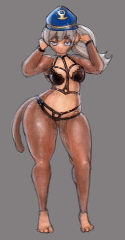 anthro black_clothing black_lingerie blue_eyes bodily_fluids brown_body brown_fur clothed clothing female fur grabbing_hair grey_background hair hat headgear headwear lingerie long_hair looking_down partially_clothed peaked_cap simple_background solo sweat thick_thighs white_hair lordscari bloons_tower_defense ninja_kiwi admiral_brickell haplorhine mammal monkey primate absurd_res hi_res