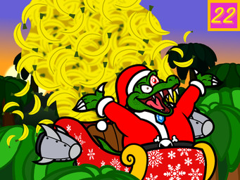4_fingers anthro banana black_eyes bloodshot_eyes blue_sky christmas_clothing christmas_headwear claws clear_sky clothed clothed_anthro clothed_male clothing coat costume evening finger_claws fingers food forest fruit furrowed_eyebrows gem green_body green_scales green_tail hat headgear headwear heterochromia holidays king long_fangs male male_anthro number open_mouth open_smile outside palm_tree pink_tongue plant red_clothing red_coat red_eyes red_hat red_headwear red_topwear royalty santa_costume santa_hat scales sky sleigh smile solo straight_arms sun tail text_box tongue topwear tree captainquack64 christmas donkey_kong_(series) dr._seuss how_the_grinch_stole_christmas! nintendo king_k._rool kremling scalie 2023 colored digital_drawing_(artwork) digital_media_(artwork) english_description hi_res shaded