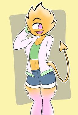 1_eye bottomwear clothing female green_clothing green_shirt green_topwear hand_on_head jacket pink_clothing pink_eyes pink_jacket pink_topwear shirt shorts solo spade_tail tail topwear yellow_body yellow_skin hsp cyclops humanoid hi_res