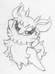 bedroom_eyes eyelashes female fluffy fur hand_behind_head hand_on_hip narrowed_eyes pose seductive simple_background smile solo standing white_background praiz nintendo pokemon aromatisse avian generation_6_pokemon pokemon_(species) black_and_white hi_res monochrome sketch