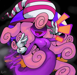 big_hair big_hat blush blush_stickers breasts button_(fastener) clothing cuffs_(clothing) curly_hair female ghost_tail gloves hair handwear hat headgear headwear legless long_hair medium_breasts mostly_nude obscured_eyes open_mouth open_smile pink_hair purple_body simple_background smile smiling_at_viewer solo split_form white_clothing white_gloves white_handwear wide_hips witch_hat 2xdxart mario_bros nintendo paper_mario vivian_(mario) humanoid shadow_siren spirit 2024 digital_media_(artwork) hi_res portrait signature trans_(lore) trans_woman_(lore)