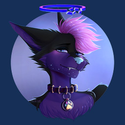 anthro black_body black_fur blue_eyes blue_nose blush broken_halo cheek_tuft collar collar_tag cosmic_hair ethereal_hair facial_tuft fangs femboy fur halo male purple_body purple_fur shy simple_background smug_grin solo sparkles submissive teeth transparent_background tuft larkincrowblut kitsunaki canid canine fox mammal 1:1 2025 alpha_channel bust_portrait detailed hi_res icon portrait