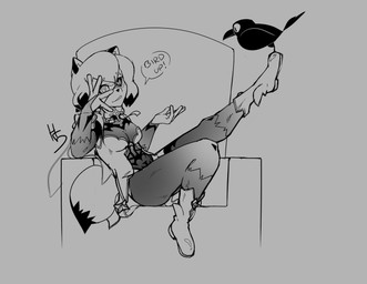 anthro anthro_focus beak biped body_stocking bodysuit boots breasts butt chair clothed clothing corset cosplay crossover_cosplay dialogue dipstick_tail duo facial_markings female feral footwear furniture gloves_(marking) grey_background hair head_markings heterochromia leg_markings lingerie markings mask_(marking) medium_breasts on_chair pose pupils raised_leg shoes simple_background sitting sitting_on_chair sitting_on_throne skinsuit slit_pupils socks_(marking) solo_focus speech_bubble tail tail_markings throne tight_clothing topwear high5art bird_up brand_new_animal genshin_impact mihoyo studio_trigger fischl_(genshin_impact) kuro_(brand_new_animal) michiru_kagemori avian bird canid canine corvid corvus_(genus) crow mammal oscine passerine raccoon_dog tanuki 2022 crossover digital_drawing_(artwork) digital_media_(artwork) full-length_portrait greyscale hi_res meme monochrome portrait signature sketch