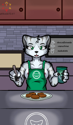 anthro apron apron_only areola beverage breasts clothing coffee coffee_mug coffee_shop coffee_table container cookie cup female food furniture green_apron green_clothing green_eyes holding_container holding_cup holding_object holding_pen looking_at_viewer mostly_nude nipple_slip nipples on_top pen smile solo table skade_(artist) i_mean_breast_milk starbucks ashley_(skade) domestic_cat felid feline felis mammal meme