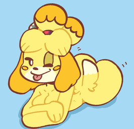 anthro big_butt black_eyes black_nose blue_background blush blush_stickers breasts butt dipstick_tail eyelashes female floppy_ears fur looking_at_viewer lop_ears lying markings nude on_front one_eye_closed simple_background solo tail tail_markings tongue tongue_out white_body white_fur wide_hips wink winking_at_viewer yellow_body yellow_fur mschaox6 animal_crossing nintendo isabelle_(animal_crossing) canid canine canis domestic_dog mammal shih_tzu toy_dog hi_res