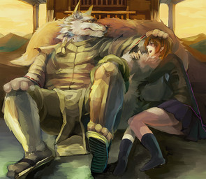 4_toes anthro bottomwear clothed clothing detailed_background duo feet female footwear fully_clothed fur legwear male open_mouth outside red_eyes sandals shirt shoes shorts sitting size_difference skirt socks toes topwear sdzxc567 canid canine canis human mammal wolf source_request