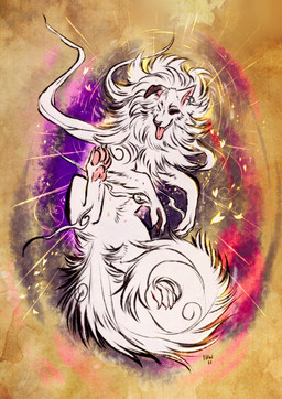 feral male solo text thehavanawolf capcom okami_(capcom) canid canine mammal hi_res japanese_text