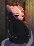 anthro big_tail black_clothing black_hoodie black_topwear blue_eyes clothing female fur hands_in_both_pockets hoodie solo tail topwear alphadesu aggretsuko netflix sanrio shikabane_(aggretsuko) mammal mephitid skunk 2023 digital_media_(artwork) hi_res