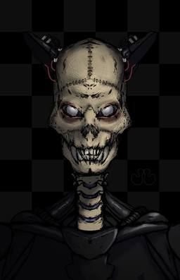 bone cybernetics fangs machine male skull solo teeth white_eyes wire jameslewis cyborg entity humanoid hybrid hi_res