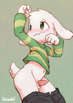 4_fingers anthro balls big_head blush bodily_fluids bottomless bottomwear clothed clothing erection fingers fur genital_fluids genitals green_clothing green_eyes green_sweater green_topwear kemono looking_back male navel pants partially_clothed pattern_clothing pattern_shirt pattern_sweater pattern_topwear penis precum shirt shota side_view simple_background solo striped_clothing striped_shirt striped_sweater striped_topwear stripes sweater tapering_penis topwear white_body white_fur young young_anthro nobusuke undertale undertale_(series) asriel_dreemurr boss_monster_(undertale) bovid caprine mammal absurd_res hi_res