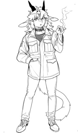 anthro bottomwear cigarette clothing collar eyebrows eyelashes female footwear hair hand_in_pocket horn jacket looking_at_viewer pants pockets smoking solo tail topwear pgm300 mythology chabett dragon mythological_creature mythological_scalie scalie wingless_dragon 2023 hi_res monochrome sketch