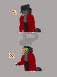 anthro black_body black_fur clothing emoji food fur green_eyes humor jacket male pizza shirt solo startled tank_top topwear tossing possumgod ricin_(possumgod) american_opossum mammal marsupial absurd_res comic hi_res