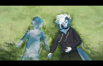ambiguous_gender anthro anthrofied black_bars black_clothing blue_body blue_eyes blue_fur bottomwear clothed clothing collar fur grass hoodie one_eye_obstructed pants plant pokemorph topwear water white_body white_fur guoziliicgio nintendo pokemon kian_(kianyemao) canid canine generation_7_pokemon lycanroc mammal midnight_lycanroc pokemon_(species) shiny_pokemon absurd_res hi_res letterbox