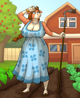 anthro big_breasts bracelet breasts building clothing cloven_hooves dirt door dress ear_piercing ear_ring farm female food fruit gem hair hoe hooved_plantigrade hooved_toes hooves horn house jewelry necklace outside pearl_(gem) pearl_necklace piercing plant plantigrade ponytail ring_piercing solo standing tools tree vegetable window kostos_art lubava_(kostos_art) bovid bovine cattle mammal 2015 hi_res