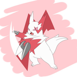 abstract_background ambiguous_gender anthro attack big_claws claws cute_fangs fangs fur looking_at_viewer markings red_body red_fur red_markings red_sclera solo teeth white_body white_fur kamek_sans nintendo pokemon generation_3_pokemon pokemon_(species) zangoose 1:1 absurd_res hi_res