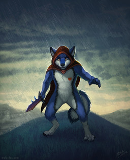 anthro black_body black_fur black_nose blue_body blue_fur cape cheek_tuft clothing cloud facial_tuft featureless_crotch front_view fur glistening glistening_eyes grass head_tuft holding_knife holding_object knife looking_at_viewer male mostly_nude outside plant raining red_cape red_clothing red_hood solo standing text tuft white_body white_fur yellow_eyes mylafox canid canine canis mammal wolf 2018 dated full-length_portrait hi_res portrait signature url