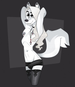 anthro bulge choker clothed clothing detailed_bulge ear_piercing erection erection_under_clothing fangs femboy genital_outline hair jewelry legwear male necklace nipple_piercing nipples panties penis_outline piercing smile smirk solo stockings teeth underwear cadaverrdog casmir_(cadaverrdog) canid canine canis mammal vampire wolf hi_res