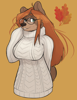 anthro autumn_leaves biped clothed clothing eyewear female freckled_face freckles fully_clothed glasses hair looking_at_viewer nub_tail orange_hair smile solo sweater topwear wearing_glasses white_clothing white_sweater white_topwear katahdin kat_(katahdin) bear mammal digital_media_(artwork) half-length_portrait portrait