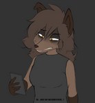 anthro brown_body brown_fur brown_hair clothing disgust eye_bags female fur hair holding_object messy_hair narrowed_eyes orange_eyes shirt simple_background solo text topwear donya donya_desmond canid canine canis mammal wolf hi_res