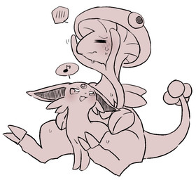 ambiguous_gender blush blush_lines bodily_fluids claws duo eyes_closed feral finger_claws head_gem musical_symbol open_mouth sitting speech_bubble sweat symbol tail toe_claws yakiniku628 nintendo pokemon breloom eeveelution espeon generation_2_pokemon generation_3_pokemon pokemon_(species) monochrome