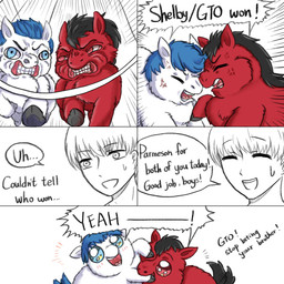 ambiguous_gender ambiguous_human angry bite black_hair black_tail blue_eyes blue_hair blush bodily_fluids clenched_teeth cross-popping_vein eyes_closed feral fight fur hair open_mouth race red_body red_fur sparkles sparkling_eyes sweat tail teeth text white_body white_fur young young_ambiguous young_feral yellowcottoncandy030 fluffy_pony fluffy_pony_(species) human mammal 1:1 2025 comic digital_media_(artwork) english_text hi_res