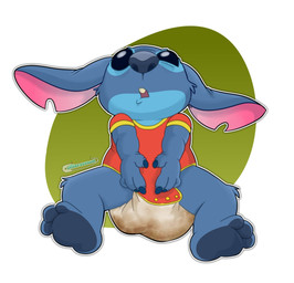 anthro bodily_fluids clothing diaper feces genital_fluids male onesie pooping soiled_diaper soiling soiling_diaper solo unclean_diaper urine used_diaper using_diaper wet wet_diaper wetting wetting_diaper possumkiddo disney lilo_and_stitch stitch_(lilo_and_stitch) alien experiment_(lilo_and_stitch) 2025 absurd_res hi_res