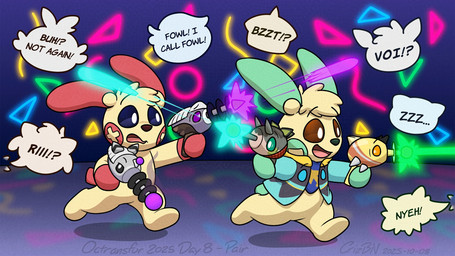 ambiguous_gender black_nose blue_eyes blue_scarf cheek_pouches clothing dialogue eyebrow_through_hair eyebrows feral green_ears green_hands green_tail group hair head_tuft inanimate_transformation jacket laser_tag looking_at_another open_mouth ranged_weapon raygun red_ears red_hands red_tail reflective_floor scarf speech_bubble tail topwear transformation translucent translucent_hair tuft weapon yellow_body crizbn nintendo pokemon chris_(crizbn) generation_3_pokemon minun plusle pokemon_(species) shiny_pokemon 16:9 2025 hi_res widescreen nonbinary_(lore)