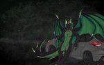 anthro black_body blue_eyes eyewear glasses green_body horn leaning_on_object male multicolored_body solo unknown_artist european_mythology ford_focus mythology emerald_(dergthedragon) dragon mythological_creature mythological_scalie scalie western_dragon winged_dragon absurd_res hi_res