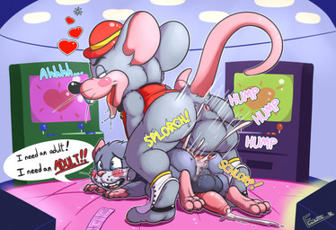 3_toes adult_on_young age_difference anal anal_penetration animal_genitalia anthro anthro_on_anthro anthro_penetrated anthro_penetrating anthro_penetrating_anthro anus arcade balls barefoot big_balls biped blush bodily_fluids bottomless buckteeth calling_for_help clothed clothing cum cum_from_ass cum_in_ass cum_inside cum_splatter cum_while_penetrated dialogue dominant duo ejaculation erection feet forced forced_orgasm from_behind_position genital_fluids genitals hands-free heart_symbol hindpaw larger_dom larger_male larger_rape looking_pleasured male male/male male_penetrated male_penetrating male_penetrating_male male_rape male_raped male_raping_male mascot motion_lines older_male older_on_young onomatopoeia open_mouth orgasm paws penetration penile penile_penetration penis penis_backwards penis_in_ass perineum precum prone_bone_position rape sex sheath size_difference smaller_male smaller_penetrated sound_effects speech_bubble speed_bump_position tapering_penis tears teeth text toes tongue tongue_out whiskers young young_anthro young_male young_penetrated young_raped younger_anthro younger_male younger_penetrated younger_raped emenius chuck_e._cheese's_pizzeria pizza_time_theatre pizza_time_theatre_incorporated charles_entertainment_cheese chipp house_mouse mammal mouse murid murine rat rodent absurd_res digital_media_(artwork) english_text hi_res