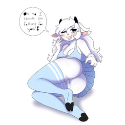 anthro big_butt blue_eyes blush bottomwear breasts butt clothed clothing clothing_lift female fur hair hand_on_skirt hooved_toes hooves horn leggings legwear looking_at_viewer medium_breasts on_ground one_eye_closed shadow simple_background skirt skirt_lift solo speech_bubble white_background white_body white_fur cherrybunii fan_character bovid caprine goat mammal 1:1 hi_res unavailable_at_source