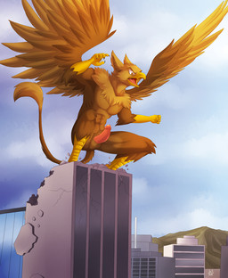 abs anthro balls beak biceps brown_body brown_fur building building_destruction city city_background cityscape claws destruction erection feathered_wings feathers feet fur genitals house humanoid_genitalia humanoid_penis macro male muscular muscular_anthro muscular_male nude open_mouth outside paws pecs penile penis sky solo standing_on_building tail toes wings gothwolf mythology carpo avian gryphon mythological_avian mythological_creature hi_res