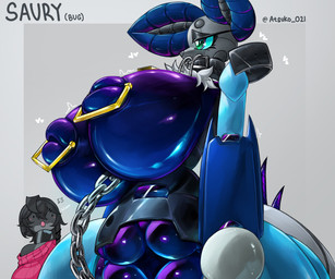 accessory ahoge antennae_(anatomy) anthro arthropod_abdomen big_breasts black_body blue_eyes blue_nipples breasts chain chain_leash clothed clothing collar cowbell duo female genitals green_eyes grey_body hair hair_accessory hairclip heart_symbol huge_breasts hyper hyper_genitalia hyper_vulva leash machine male neck_tuft nipple_piercing nipples open_mouth piercing purple_breasts quadrilateral_nipple_piercing simple_background solo_focus spikes sweater text thick_thighs topwear tuft wide_hips atsuko_021 saury_(saureal) arthropod insect lepidopteran moth reptile robot scalie snake absurd_res hi_res